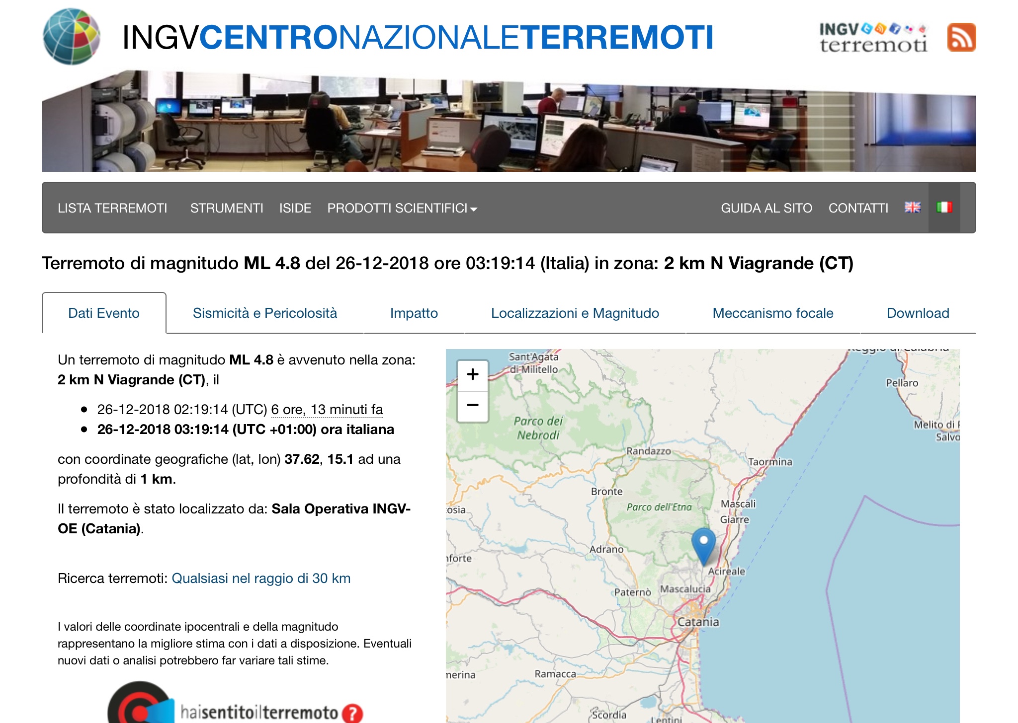 INGV terremoto Catania 26 dicembre 2018